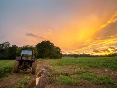 The photo depicts a British farm. A tractor is stationary in a field with the sun setting in the background.
