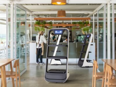 Two service robots in a restaurant
